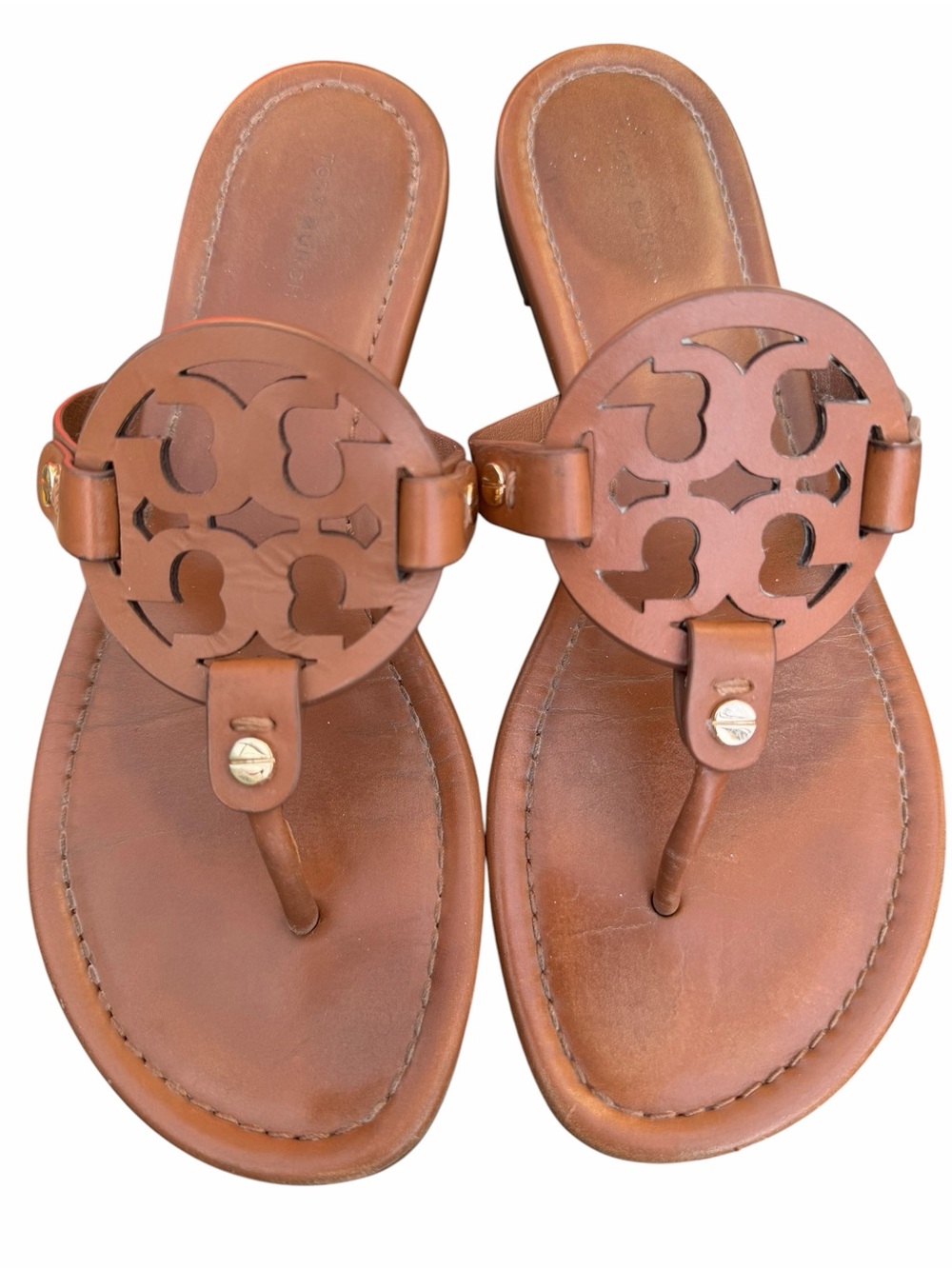 Tory Burch Miller Sandals Brown Leather Logo Thong Flats Size 8 - Picture 3 of 8